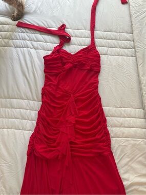 Red Ruched Halter Evening Dress - Unbranded